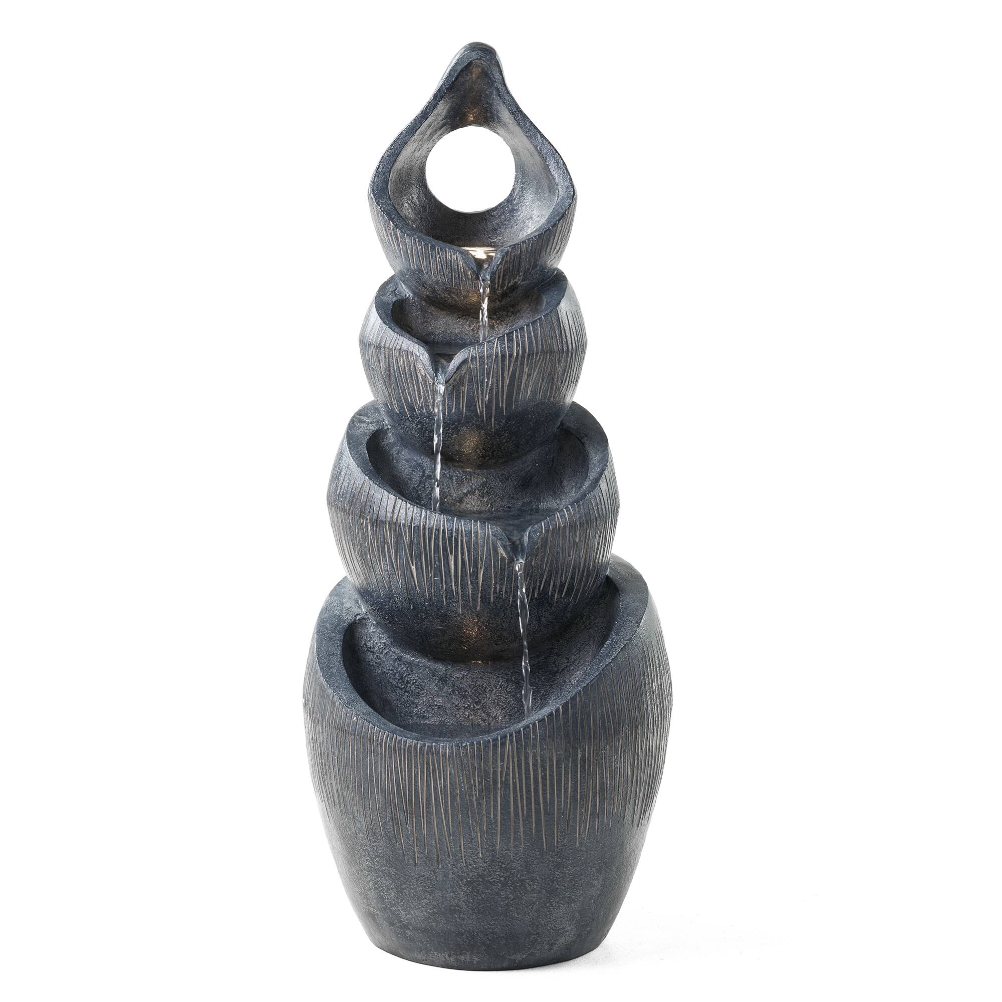 Glitzhome® 34" Zen-Style LED 4-Tier Alms Bowl Outdoor Fountain
